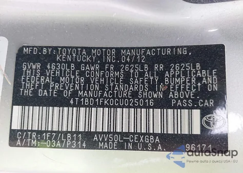 2012 Toyota Camry Hybrid Xle из США, поврежденный, VIN 4T1BD1FK0CU025016